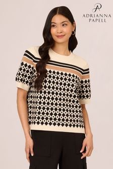 Adrianna Papell Cream Striped Jacquard Short Sleeve Sweater (AA8645) | ‏246 ‏₪