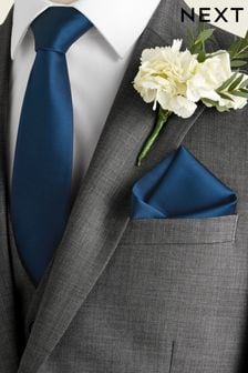 Navy Blue Slim Silk Tie And Pocket Square Set (AAD111) | €30