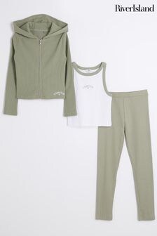 River Island Green Girls Rib 100% Cotton Top and Leggings Set (AB2578) | $55