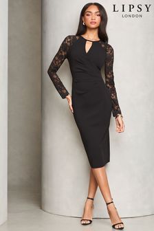 Lipsy Black Lace Sleeve Keyhole Cross Front Bodycon Dress (AB2741) | $73