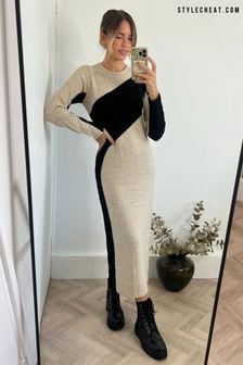 Style Cheat Cream Brynn Colourblock Knitted Dress (AB2967) | AED320