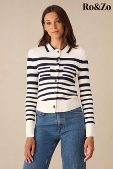 Ro&Zo Cream Stripe Ribbed Knitted Collared Cardigan (AB3438) | $153