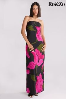 Ro&Zo Pink Petite Kira Floral Satin Bandeau Dress (AB3439) | DKK1,405