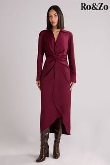 Ro&Zo Burgundy Red Satin Twist Front Shirt Dress (AB3454) | $221