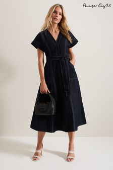 Phase Eight Blue Annalie 100% Cotton Utility Midi Dress (AB3483) | €198