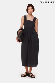 Whistles Ruffle Strap Poplin Midi Black Dress (AB3945) | €171