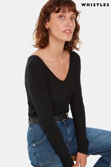 Whistles Black Essential Ribbed V-Neck T-Shirt (AB4265) | $101