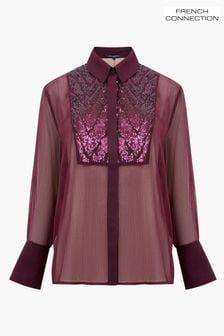 French Connection Red Hana Adalynn Sequin Bib Shirt (AB5302) | $135