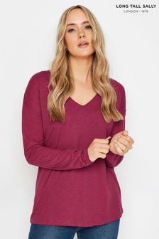 Long Tall Sally Red Long Sleeve V-Neck 100% Cotton T-Shirt (AB5850) | $27