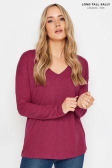 Long Tall Sally Red Long Sleeve V-Neck 100% Cotton T-Shirt (AB5850) | $27