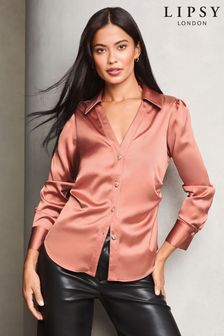 Lipsy Pink Petite Ruched Side Satin Button Through Shirt (AB7685) | $66