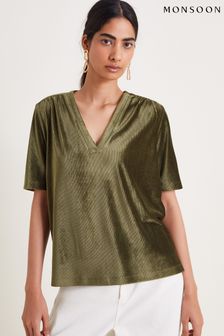 Monsoon Green Shay Rib Velour V-Neck T-Shirt (AB8813) | DKK395