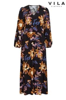 VILA Black Printed Long Sleeve V-Neck Maxi Dress (AB9437) | R1,276