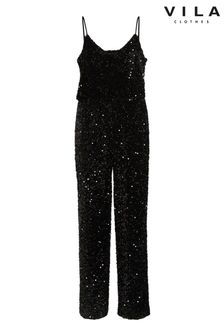 VILA Black Sleeveless Full Sequin Wide Leg Jumpsuit (AB9447) | €72