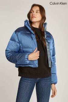 Blue cropped puffer jacket cheap