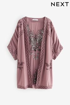 Mauve Butterfly Longline Embroidered Kimono Cover-Up (AC4791) | $70