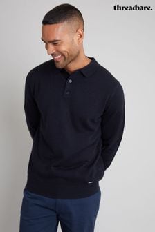 Threadbare Blue Long Sleeve Knitted Polo Jumper (AC6701) | $41