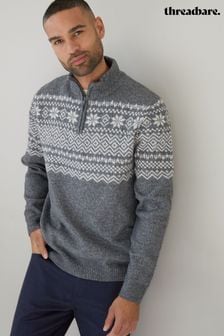 Threadbare Grey Fairisle Pattern Quarter Zip Christmas Jumper (AC6720) | €34