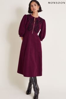 Monsoon Red Kaia Embroidered Corduroy Midi Dress (AC6871) | €119