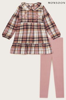 Monsoon Pink Check Embroidered Blouse and Leggings Set (AC7206) | €55 - €61