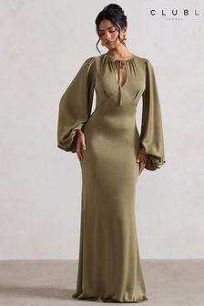 Club L London Green Wild Rose Satin Puff-Sleeve Cut-Out Maxi Dress (AC7748) | $151