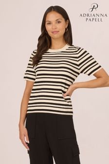 Adrianna Papell Crew Neck Striped Pointelle White Sweater With Short Sleeves (AC8266) | HK$401