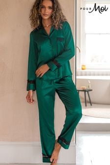 Pour Moi Green Dusk Satin and Lace Revere Collar Pyjama Set (AC8381) | $77