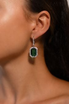 Lauren Ralph Lauren Silver Tone Pearson Rhodium & Emerald Crystal Drop Earrings (AC8627) | 410 zł