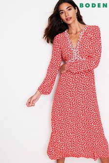 Boden Red Imelda Border Print Midi Dress (AC8650) | R2,750