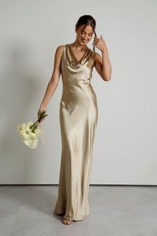 Six Stories Champagne Gold Cowl Front Satin Bridesmaid Dress (AC8733) | €198