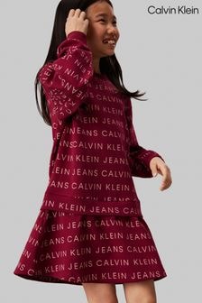 Calvin Klein Burgundy Red Logo Fleece Long Sleeved Dress (AC8963) | $137