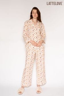 Lattelove Toss Pyjama-Set aus Popeline mit Keramikbecher-Print, Creme (ACL377) | 80 €