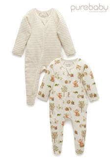 Purebaby Baby Natural Zip Sleepsuits 2 Pack (AD1059) | OMR18