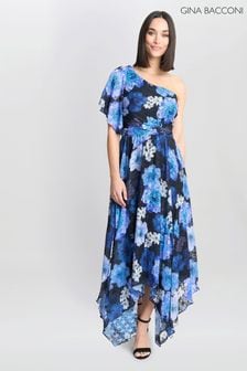 Gina Bacconi Briana One Shoulder Floral Print Black Dress (AD6394) | $394