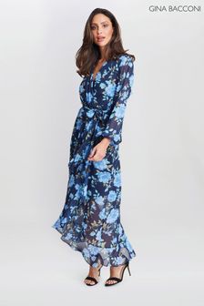 Gina Bacconi Blue Norma Printed Maxi Dress With Tulip Overlay And Tie Belt (AD6403) | $428