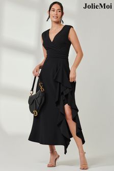 Jolie Moi Black Wrap Front Frill Detail Maxi Dress (AD6821) | OMR41