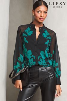 Lipsy Black 1 Long Sleeve Grandad Collar Blouse (AD8624) | $64