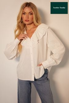 Another Sunday Broderie Collar Button Through White Blouse (AD8773) | €58