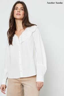 Another Sunday Broderie Collar Button Through 100% Cotton White Blouse (AD8773) | $65