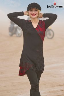 Joe Browns Black Printed Lace Hem Floral Print Appliqué Jersey Tunic Top (AD9150) | $94