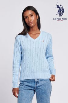 Hellblau - U.s. Polo Assn. Womens V-neck Cable Knit 100% Cotton Jumper (AD9298) | 92 €