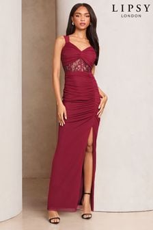 Lipsy Burgundy Red Lace Insert Corset Ruched Maxi Dress (AE0163) | $153