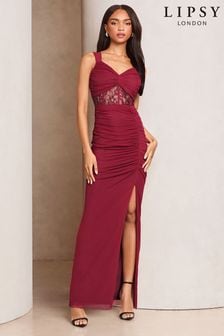 Lipsy Burgundy Red Petite Lace Insert Corset Ruched Maxi Dress (AE0173) | $153