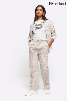 River Island Brown Stripe Poplin Pull On Trousers (AE6062) | €43