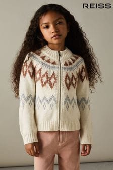 Reiss Cream Ella Zipped Fairisle Pattern Cardigan with Wool and Cashmere (AE6511) | $97