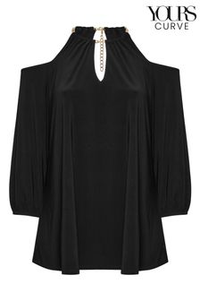 Yours Curve Black London Chain Halter Cold Shoulder Long Sleeve Top (AF7522) | ￥7,690