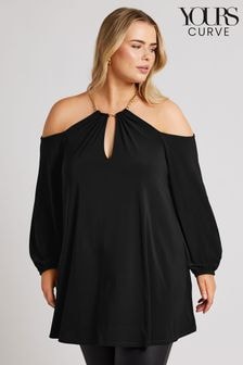 Yours Curve Black London Chain Halter Cold Shoulder Long Sleeve Top (AF7522) | $67