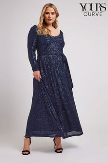 Yours Curve Blue London Sequin V-Neck Long Sleeve Maxi Dress (AF7672) | $135