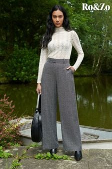 Ro&Zo Grey Herringbone Wide Leg Trousers (AG2188) | $170