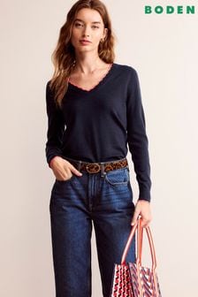 Boden Blue Merino Scallop V-Neck Jumper (AG3979) | $146